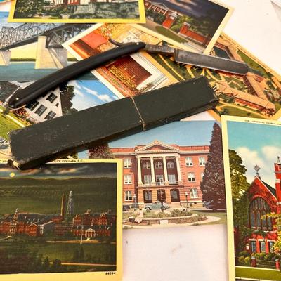 VINTAGE POST CARD, POCKET KNIFE, RAZOR, AND STAMP LOT 