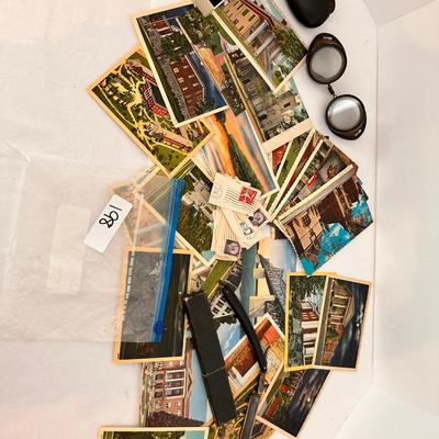 VINTAGE POST CARD, POCKET KNIFE, RAZOR, AND STAMP LOT 