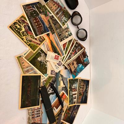 VINTAGE POST CARD, POCKET KNIFE, RAZOR, AND STAMP LOT 