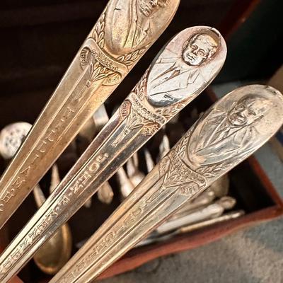 COLLECTABLE SILVER PLATE PRESIDENTIAL SPOON AND FLATWARE LOT 