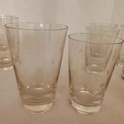VINTAGE MID CENTURY ATOMIC STAR STARBURST ETCHED GLASS SET 