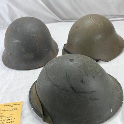 3 WW2 European helmets with intact inner headbands and chin straps