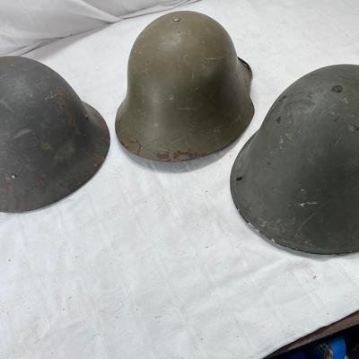 3 WW2 European helmets with intact inner headbands and chin straps