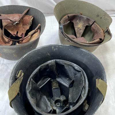 3 WW2 European helmets with intact inner headbands and chin straps