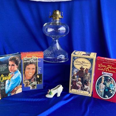 QUEEN ANNE OIL LAMP, VHS MOVIES WITH INNOCENCE AND A VINTAGE HIGH HEEL