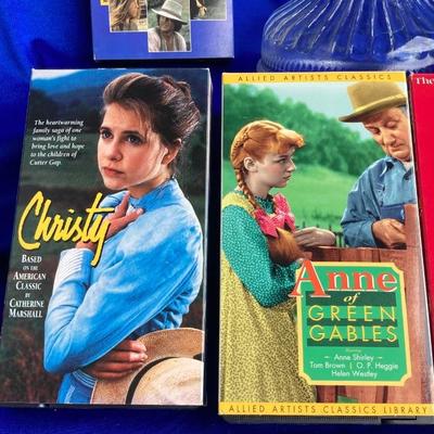 QUEEN ANNE OIL LAMP, VHS MOVIES WITH INNOCENCE AND A VINTAGE HIGH HEEL