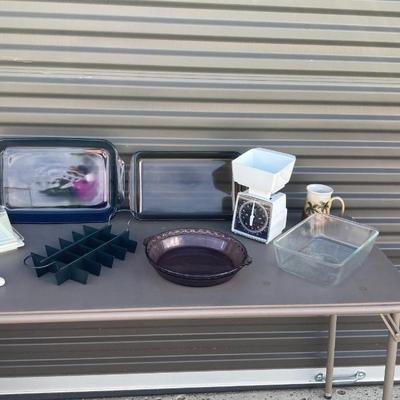 PURPLE PYREX BAKING DISHES, BROWNIE CUTTER, SCALE AND OTHER GOOD STUFF