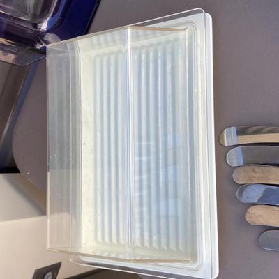PURPLE PYREX BAKING DISHES, BROWNIE CUTTER, SCALE AND OTHER GOOD STUFF