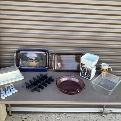 PURPLE PYREX BAKING DISHES, BROWNIE CUTTER, SCALE AND OTHER GOOD STUFF