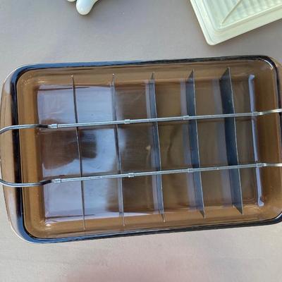 PURPLE PYREX BAKING DISHES, BROWNIE CUTTER, SCALE AND OTHER GOOD STUFF