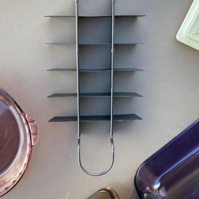 PURPLE PYREX BAKING DISHES, BROWNIE CUTTER, SCALE AND OTHER GOOD STUFF