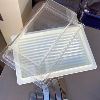 PURPLE PYREX BAKING DISHES, BROWNIE CUTTER, SCALE AND OTHER GOOD STUFF