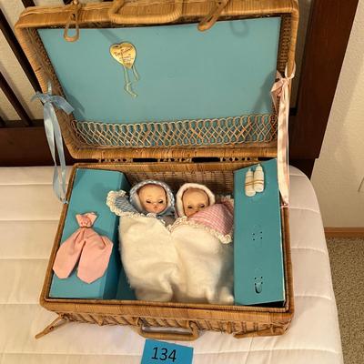 Effanbee Two dolls in a wicker suitcase