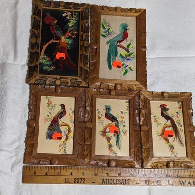 Lot of 5 Vtg Feather Craft Picture Birds Branch Long Tail Wood Carved Frame