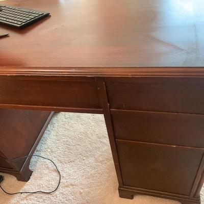 Mahoganey desk -1940s, 8 drawers, 2 pull out writing trays with great detail & hardware pulls, 30.5"H 48"W 25"depth
