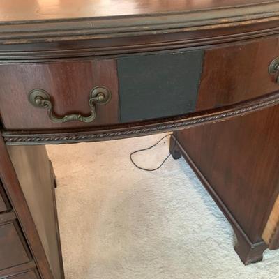 Mahoganey desk -1940s, 8 drawers, 2 pull out writing trays with great detail & hardware pulls, 30.5"H 48"W 25"depth