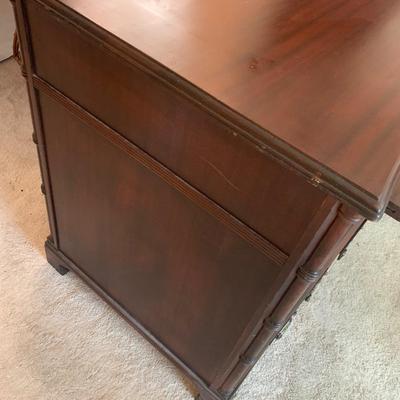 Mahoganey desk -1940s, 8 drawers, 2 pull out writing trays with great detail & hardware pulls, 30.5"H 48"W 25"depth