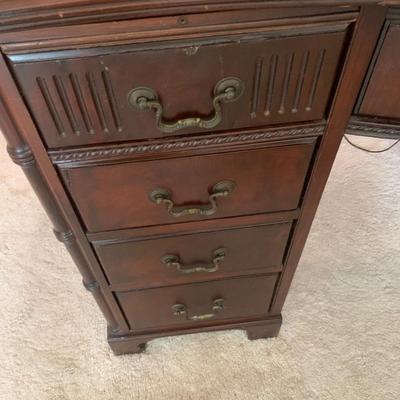 Mahoganey desk -1940s, 8 drawers, 2 pull out writing trays with great detail & hardware pulls, 30.5"H 48"W 25"depth
