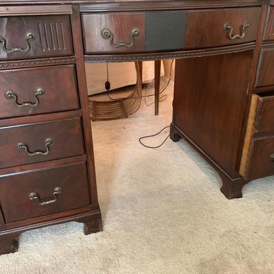 Mahoganey desk -1940s, 8 drawers, 2 pull out writing trays with great detail & hardware pulls, 30.5"H 48"W 25"depth