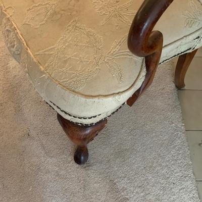 Queen Anne arm chair, cabriole legs, nail heads, wood in good condition 42"H 26"W 20" seat H
