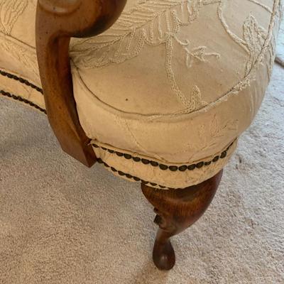 Queen Anne arm chair, cabriole legs, nail heads, wood in good condition 42"H 26"W 20" seat H