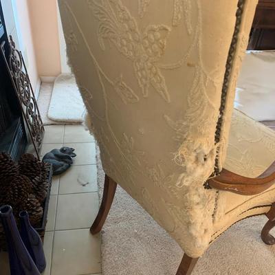 Queen Anne arm chair, cabriole legs, nail heads, wood in good condition 42"H 26"W 20" seat H