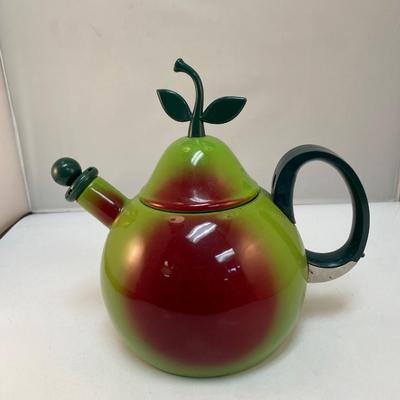 Retro Vintage COPCO Pear Green Red Fruit Shaped Enameled Metal Teapot Kettle