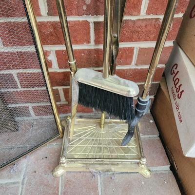 Heavy Brass Duck Head Fireplace Tools and Holder + Log Holder
