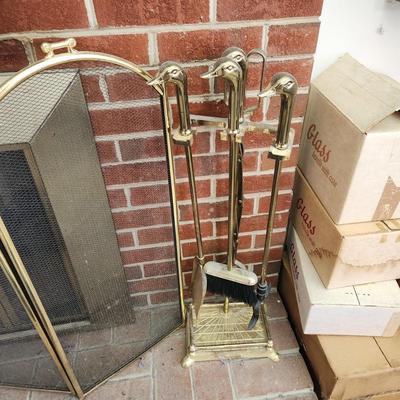Heavy Brass Duck Head Fireplace Tools and Holder + Log Holder