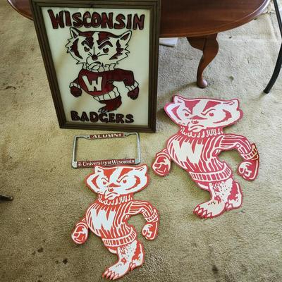 Wisconsin Badgers 2 Cardboard , 1 Glass Framed Art, license Plate Cover
