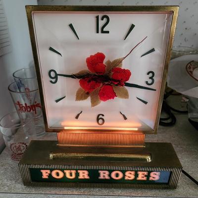 Vintage Four Roses Whiskey Bar Clock tested Working 12x13H Barware