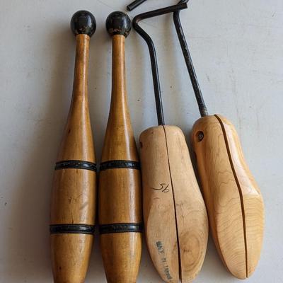 Vintage Cobbler Shoe Spreader, Wooden Juggling Pins