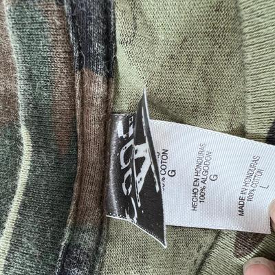 Camouflage Army jacket  M-L marked "Woods"  Folding camp shovel in canvas holder.