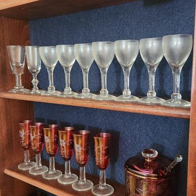3 Shelves of Glasses Clear Etched Red Cranberry