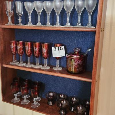 3 Shelves of Glasses Clear Etched Red Cranberry