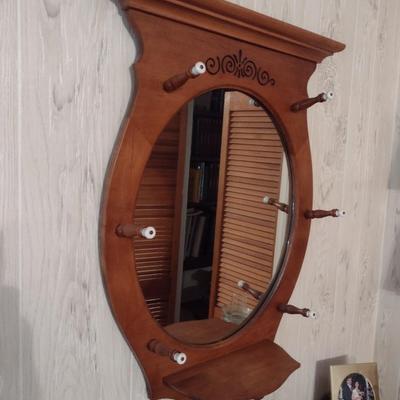 Solid Wood Mirror with Hanger Pegs and Candle Shelf