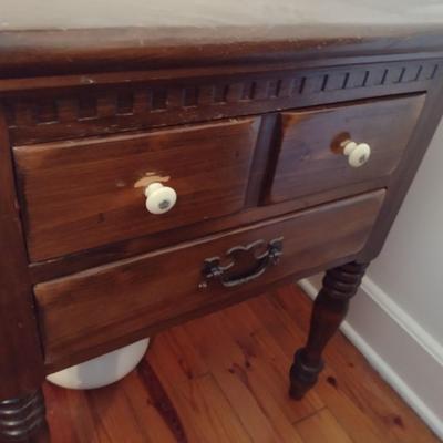 Solid Wood Vintage Walnut Three Drawer Side Table (No Contents)