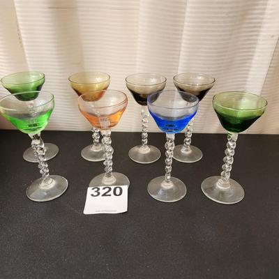 8 Mid Century Colored Glass Cocktail Cordial Glasses Clear Twisted Stems  5