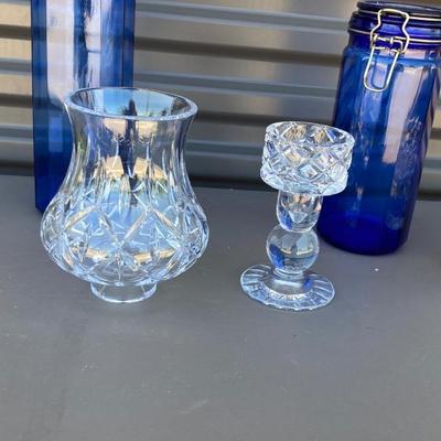 LEAD CRYSTAL CANDLE ðŸ•¯ï¸ HOLDER AND COBALT BLUE CANISTERS, GLASS Decanter with no stopper