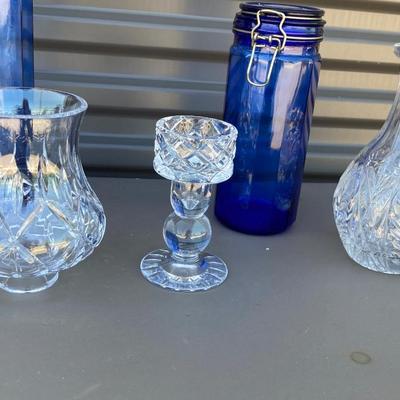 LEAD CRYSTAL CANDLE ðŸ•¯ï¸ HOLDER AND COBALT BLUE CANISTERS, GLASS Decanter with no stopper
