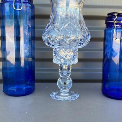 LEAD CRYSTAL CANDLE ðŸ•¯ï¸ HOLDER AND COBALT BLUE CANISTERS, GLASS Decanter with no stopper