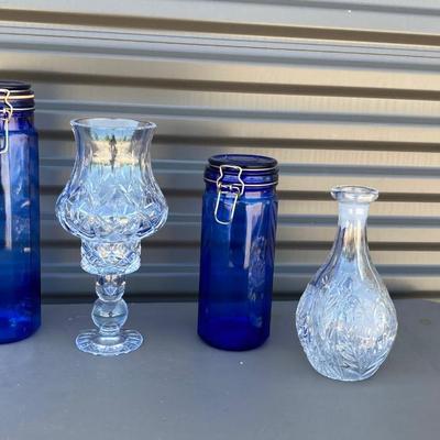 LEAD CRYSTAL CANDLE ðŸ•¯ï¸ HOLDER AND COBALT BLUE CANISTERS, GLASS Decanter with no stopper