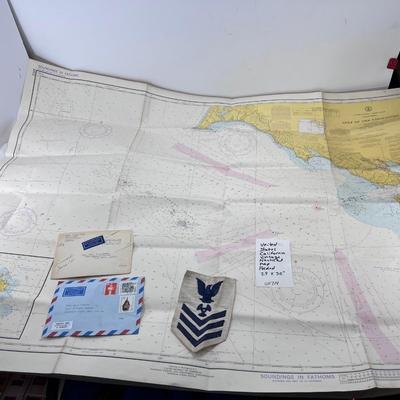 United states California Nautical navigation Map, US Navy 1st class Petty Officer  Patch and Singapore airmail
