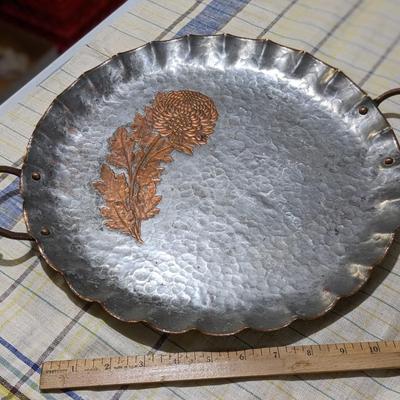 Vintage Hammered Copper Tray, Marked Continental Chrysanthemum patt