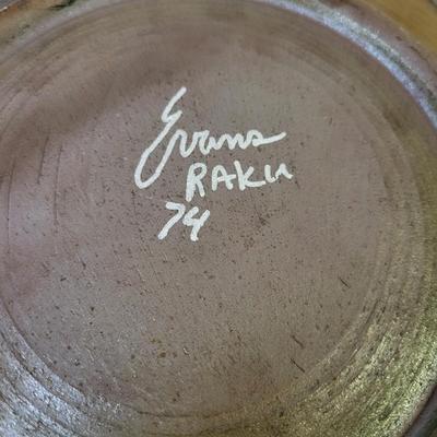 Signed Raku Pottery Plate and Brass Stand (P-DW)