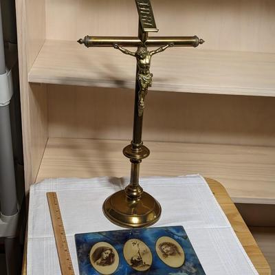 Vintage Solid Brass Jesus Crucifix and Glass Lithographs of Mary, Crucifix, Jesus