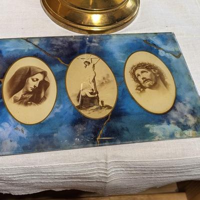 Vintage Solid Brass Jesus Crucifix and Glass Lithographs of Mary, Crucifix, Jesus
