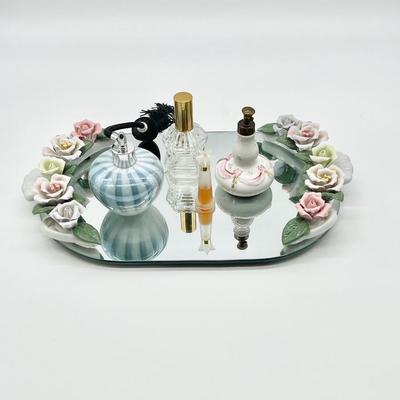 Oval Vanity Mirror with Porcelain Flowers & Decorative Perfume Bottles