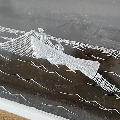 Thick Etched Glass Art Ocean Sea Lighthouse Fisherman w Boat & nets