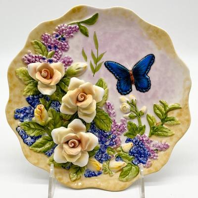 Set Of Four (4) ~ Porcelain 3D Butterfly Plates & Floral Sculpture